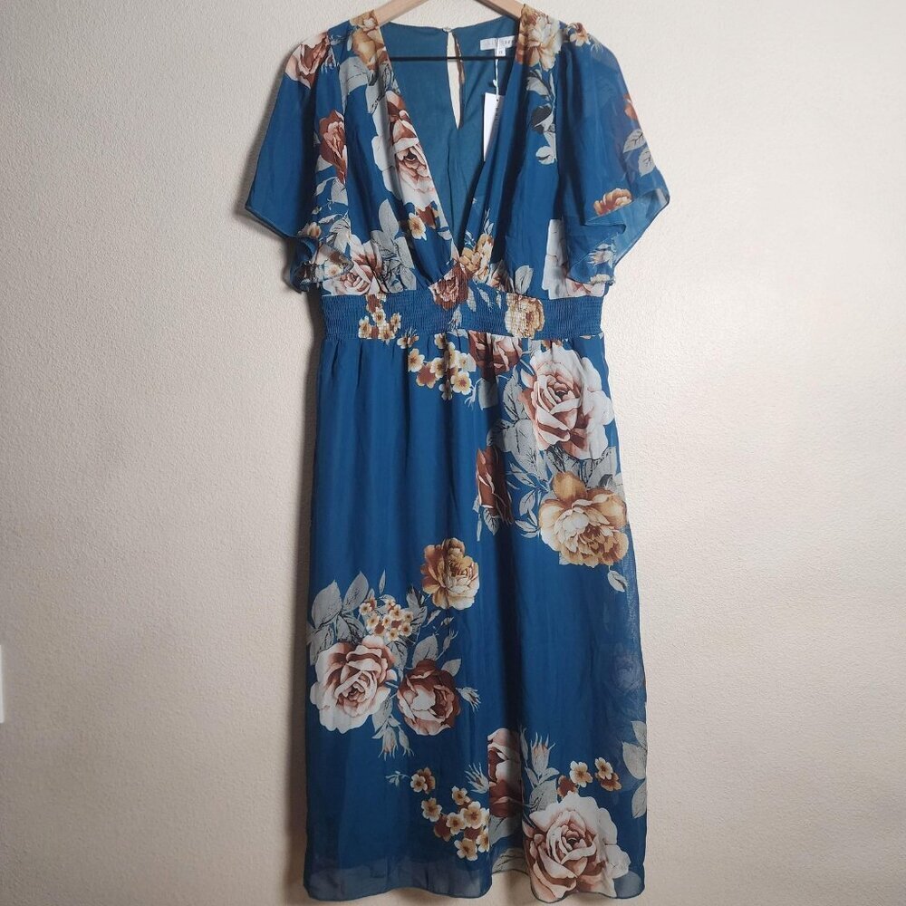 Baltic Born Sarah Dress Womens 1X Blue Floral Smocked Midi Wrap Chiffon NWT